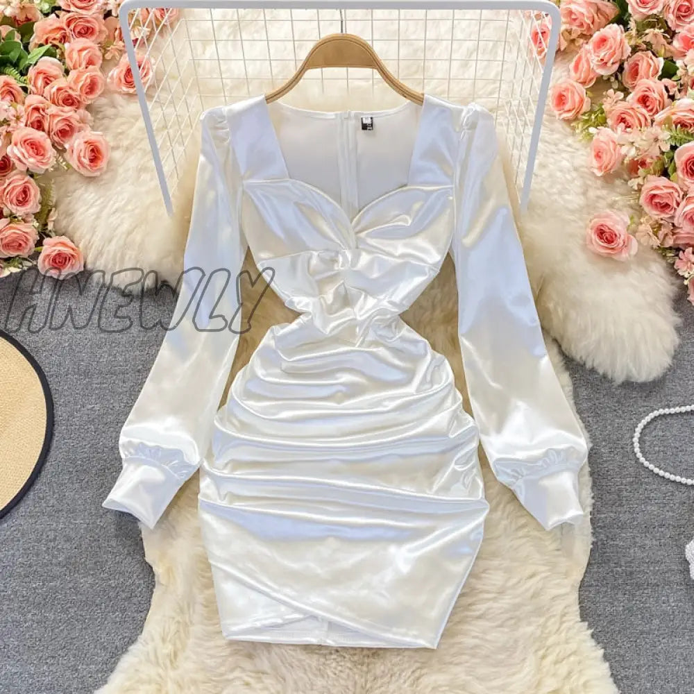 xsrrr Autumn Women Black/White Draped Satin Dress Sexy Square Collar Long Sleeve High Waist Party Robe Female Elegant Bodycon Vestidos Valentines Day Prom Dress