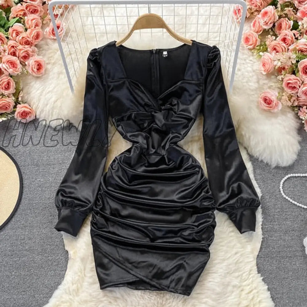 xsrrr Autumn Women Black/White Draped Satin Dress Sexy Square Collar Long Sleeve High Waist Party Robe Female Elegant Bodycon Vestidos Valentines Day Prom Dress