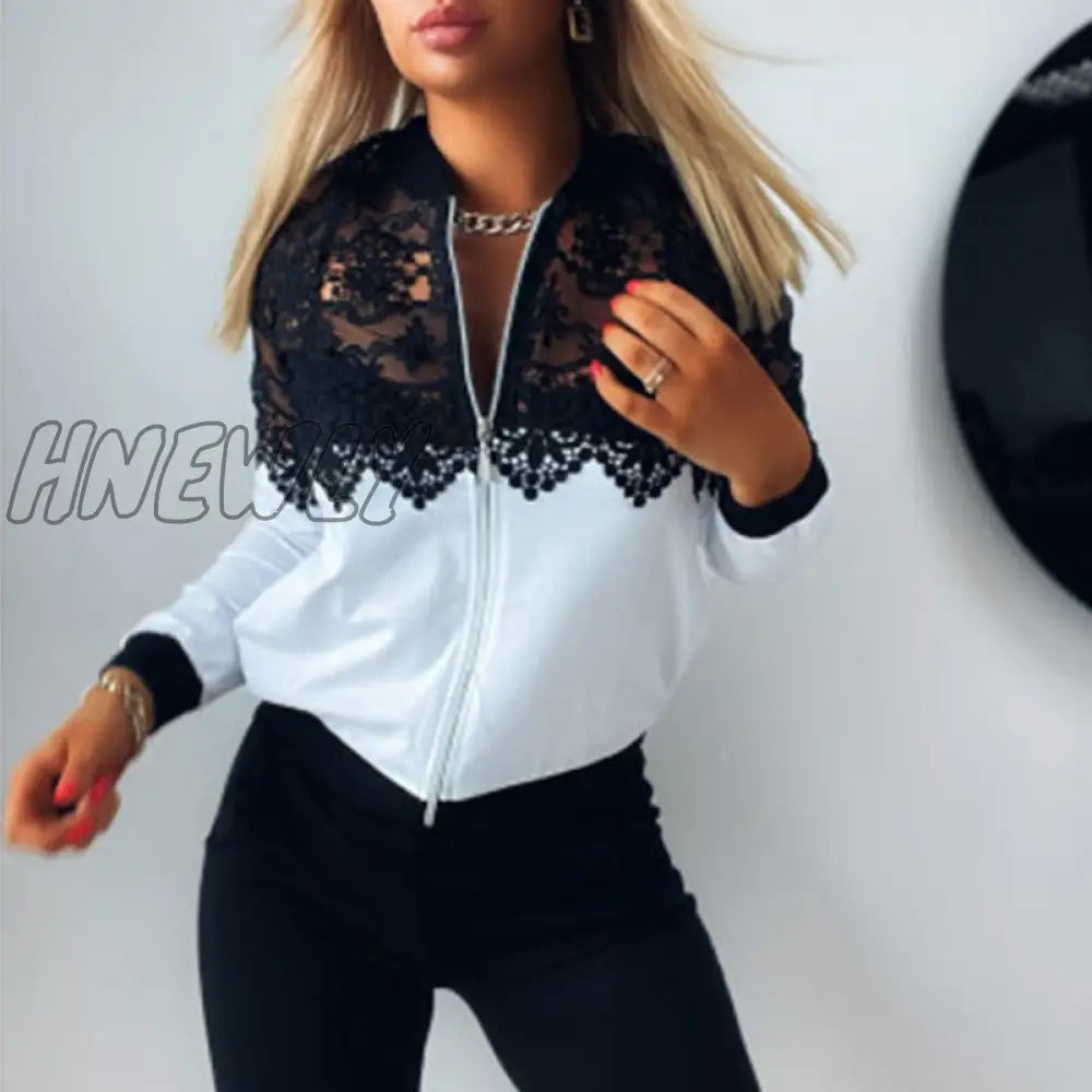 xsrrr Autumn Women Casual Colorblock Round Neck Jackets Night Out Sexy Tops Guipure Lace Zipper Front Long Sleeve Coat