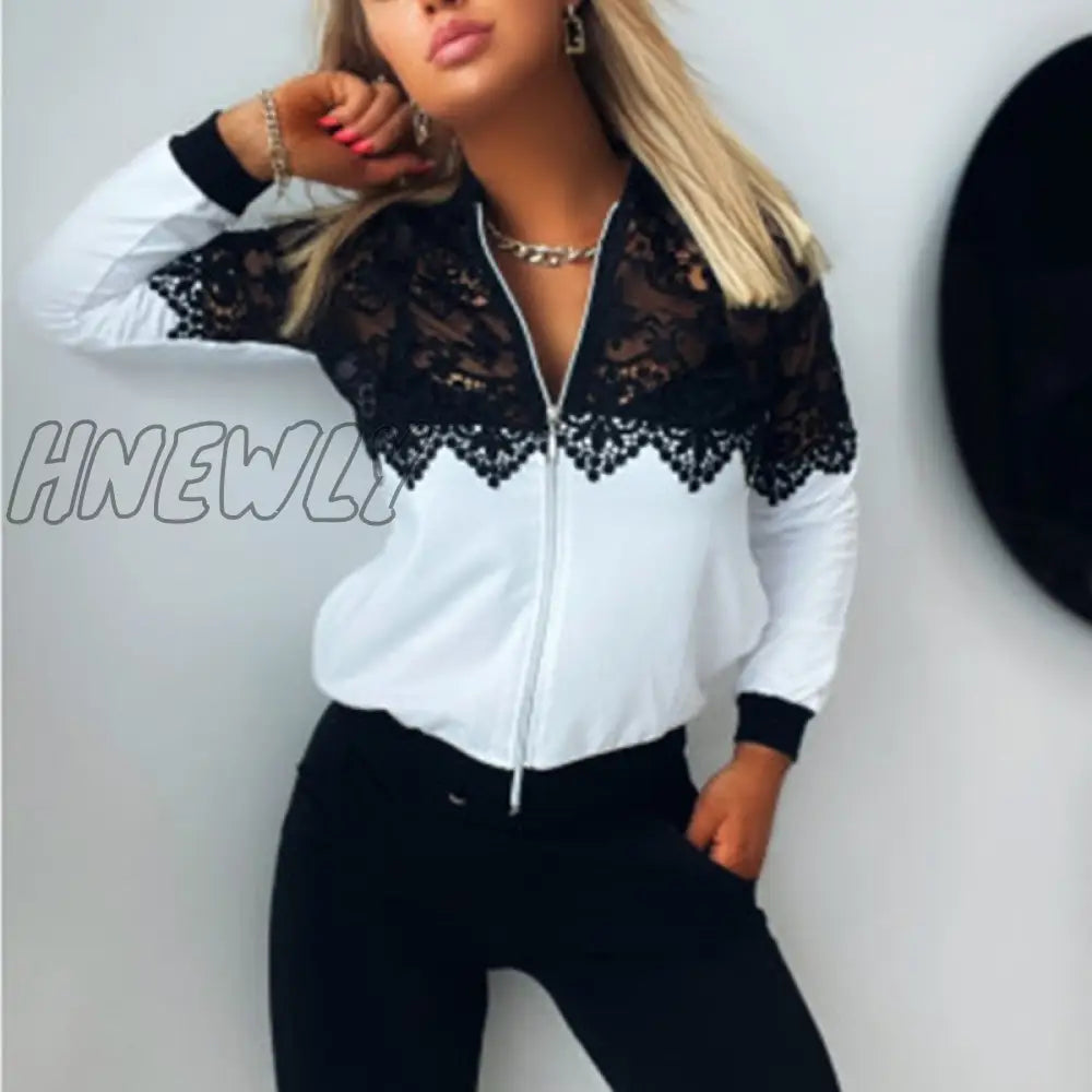 xsrrr Autumn Women Casual Colorblock Round Neck Jackets Night Out Sexy Tops Guipure Lace Zipper Front Long Sleeve Coat