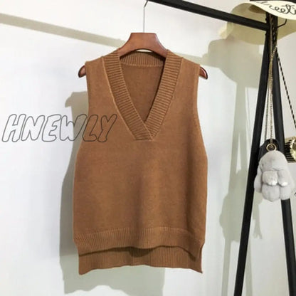 xsrrr Autumn Women's Sweater Vest V-neck Sleeveless Irregular Casual Loose Knitted Pullover Tops Female Outerwear