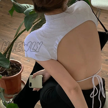 xsrrr Backless Bandage High Neck Solid T-shirt Woman's Simplicity Slim Crop Top Woman Fashion Sexy White T-shirts Women Summer