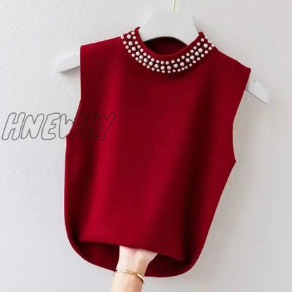 Hnewly Beaded Half High Collar Women Vest Spring Autumn New Bottomed Shirt Knit Slim Top Fashion Green Tops for Women