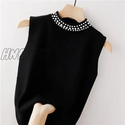 Hnewly Beaded Half High Collar Women Vest Spring Autumn New Bottomed Shirt Knit Slim Top Fashion Green Tops for Women