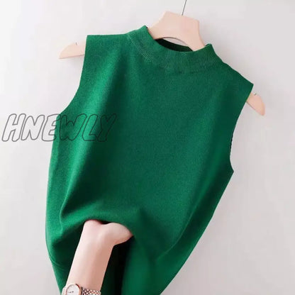 Hnewly Beaded Half High Collar Women Vest Spring Autumn New Bottomed Shirt Knit Slim Top Fashion Green Tops for Women