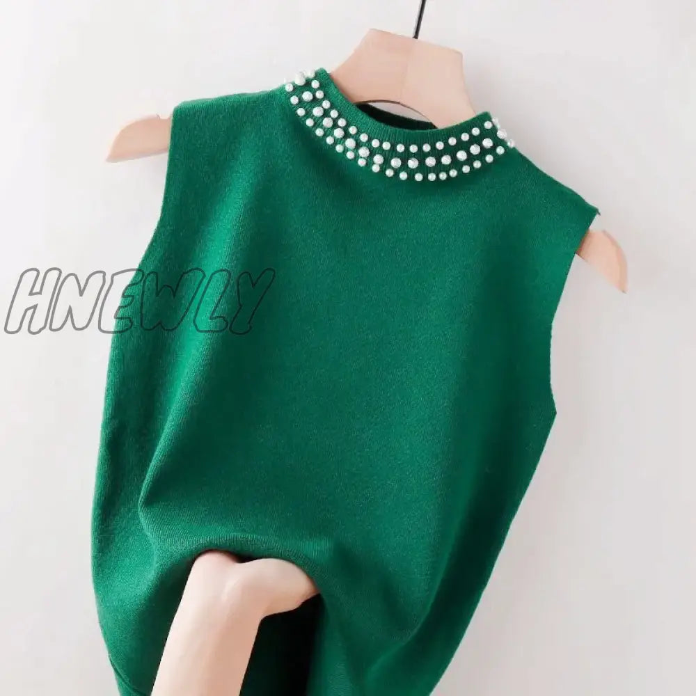 Hnewly Beaded Half High Collar Women Vest Spring Autumn New Bottomed Shirt Knit Slim Top Fashion Green Tops for Women