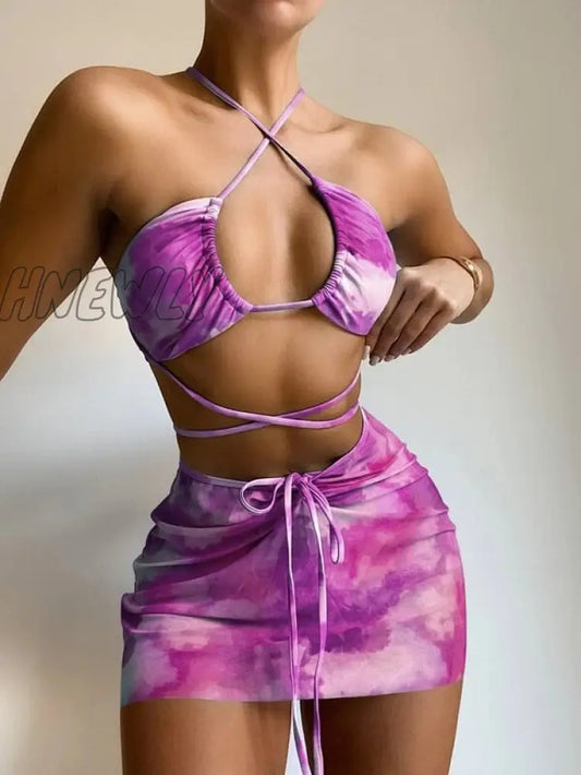 xsrrr Bikini Pink Print Swimwear Women Skirts 3 Pieces Set Halter String Swimsuit Women Sexy Bathing Suit Summer Bikinis