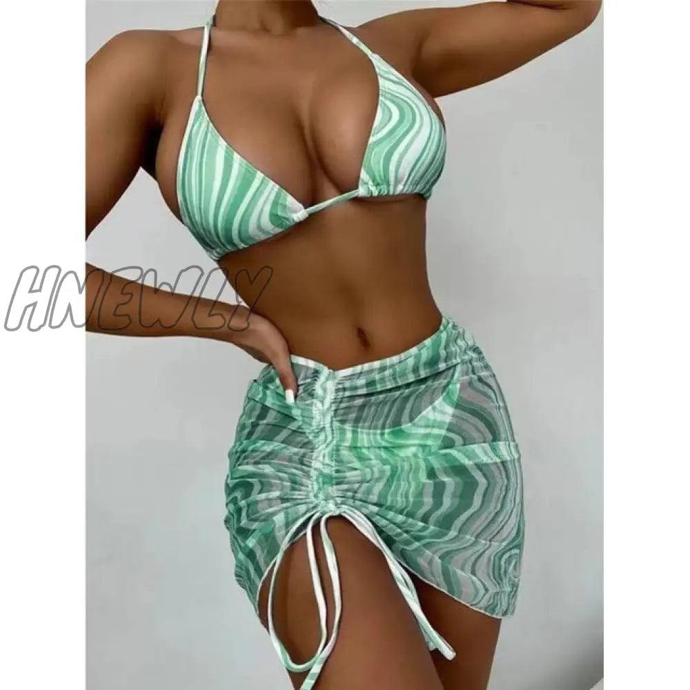 xsrrr Bikini Pink Print Swimwear Women Skirts 3 Pieces Set Halter String Swimsuit Women Sexy Bathing Suit Summer Bikinis