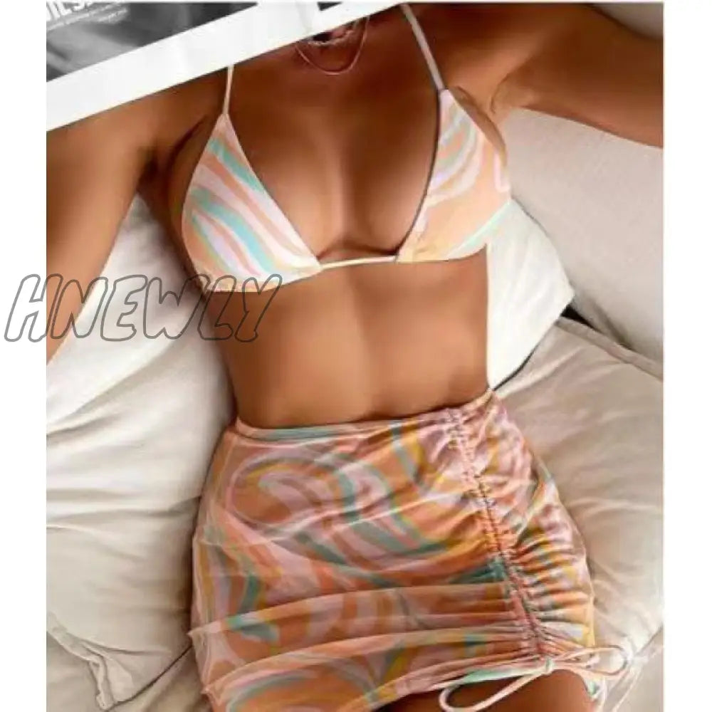 xsrrr Bikini Pink Print Swimwear Women Skirts 3 Pieces Set Halter String Swimsuit Women Sexy Bathing Suit Summer Bikinis