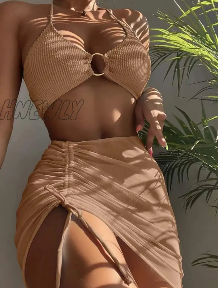 xsrrr Bikini Pink Print Swimwear Women Skirts 3 Pieces Set Halter String Swimsuit Women Sexy Bathing Suit Summer Bikinis