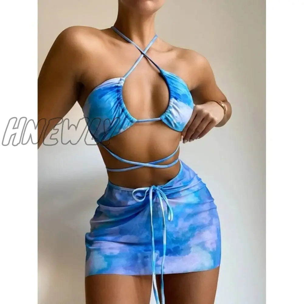 xsrrr Bikini Pink Print Swimwear Women Skirts 3 Pieces Set Halter String Swimsuit Women Sexy Bathing Suit Summer Bikinis