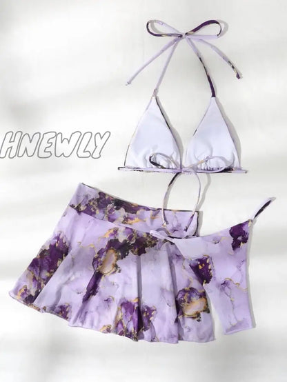 xsrrr Bikini Purple Print Swimwear Women Skirts 3 Pieces Set Halter String Women Swimsuit Sexy Bathing Suit Summer