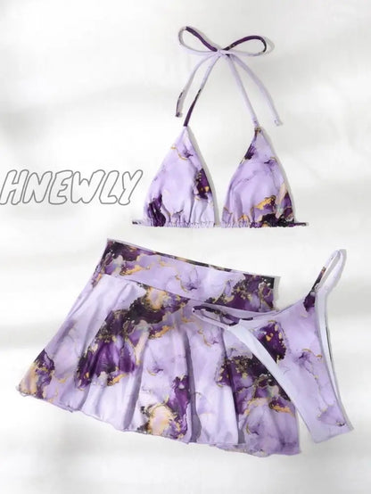 xsrrr Bikini Purple Print Swimwear Women Skirts 3 Pieces Set Halter String Women Swimsuit Sexy Bathing Suit Summer