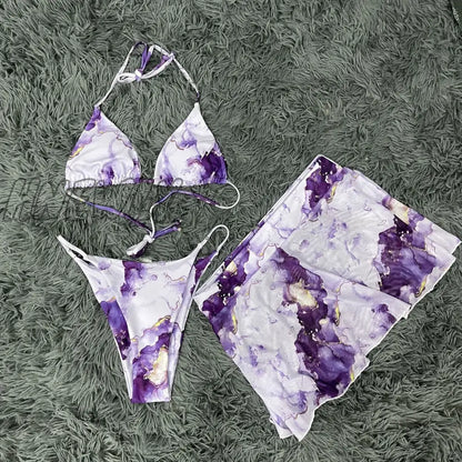 xsrrr Bikini Purple Print Swimwear Women Skirts 3 Pieces Set Halter String Women Swimsuit Sexy Bathing Suit Summer