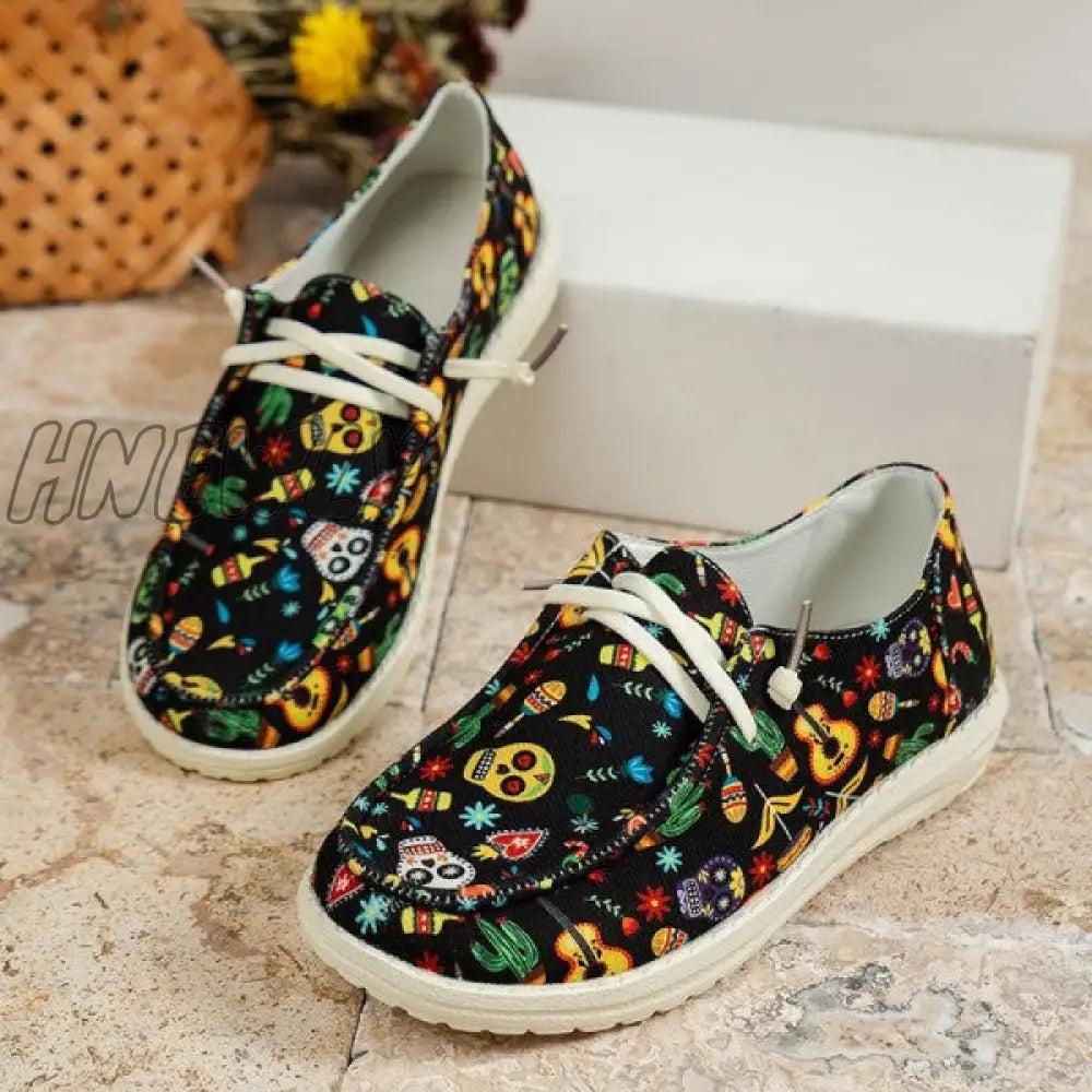 xsrrr - Black Casual Patchwork Printing Round Comfortable Shoes