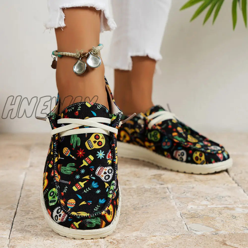 xsrrr - Black Casual Patchwork Printing Round Comfortable Shoes