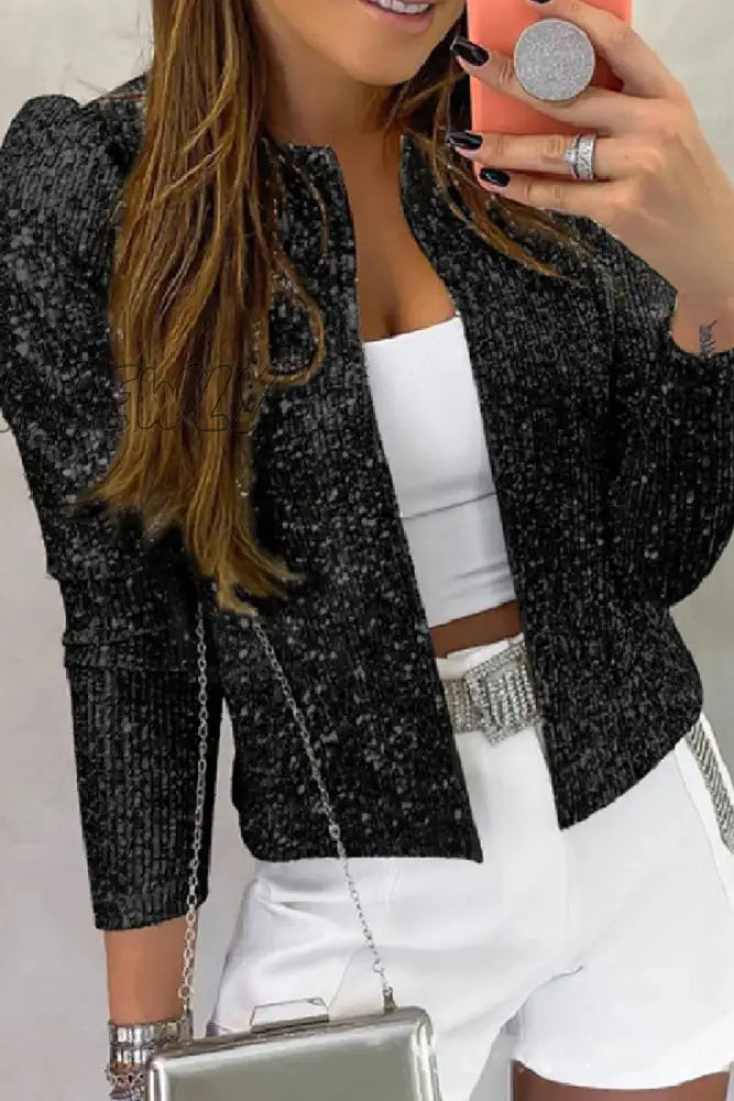 xsrrr - Black Casual Patchwork Sequins Cardigan O Neck Outerwear