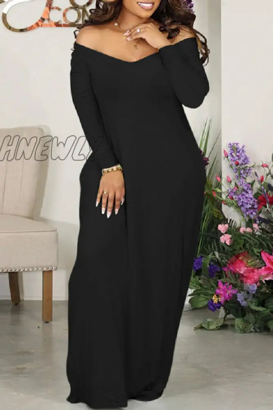 xsrrr - Black Casual Solid Basic V Neck Long Sleeve Dresses