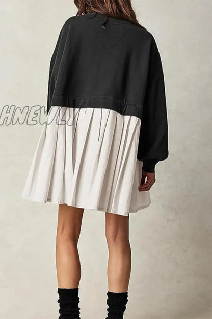 xsrrr - Black Casual Solid Patchwork Contrast O Neck Pleated Dresses