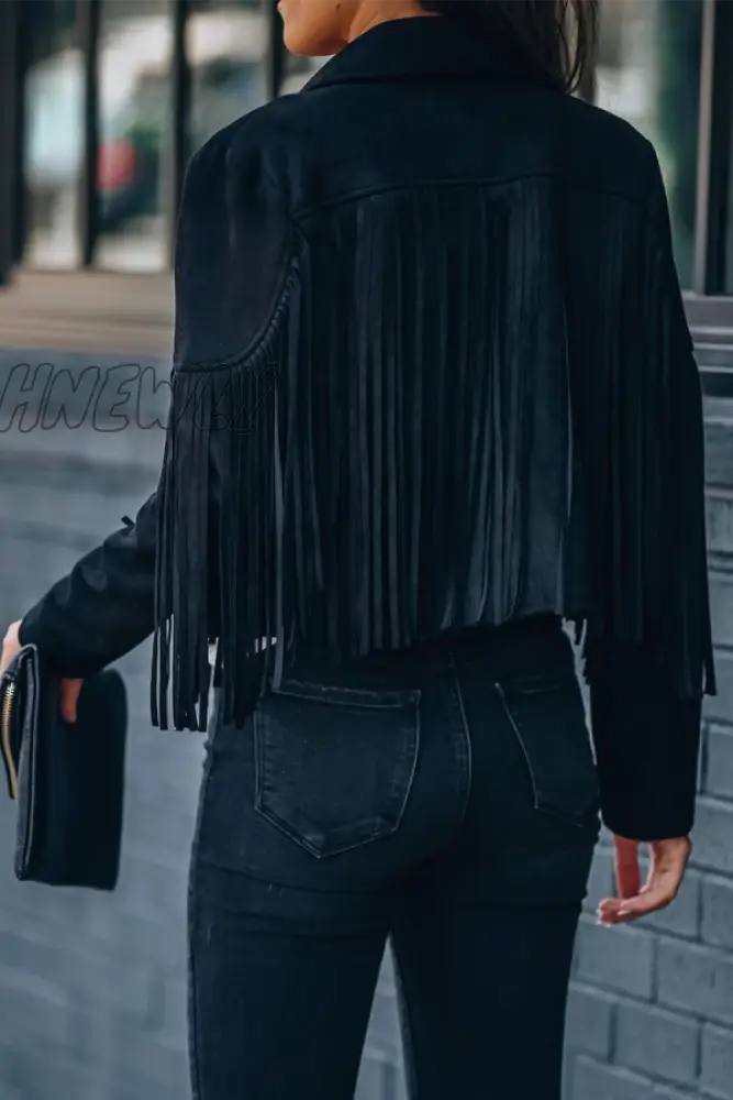 xsrrr - Black Casual Solid Tassel Turndown Collar Outerwear