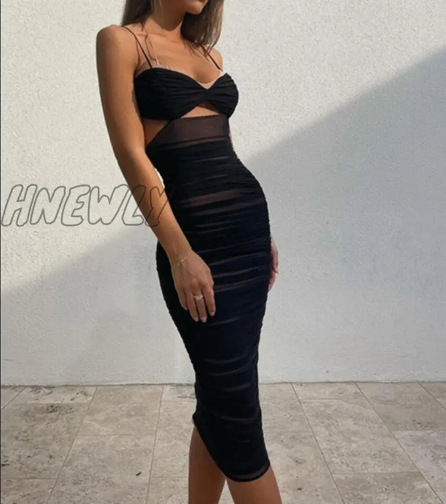 xsrrr Black Double Layer Midi Dresses For Women Summer Sexy Sleeveless Hollow Out Slim Dress Partywear Backless Club Clothing