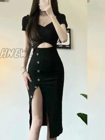 xsrrr Black Dress Women Irregular Slit Hotsweet Summer Hollow Out Elegant Bodycon Party Fashion Streetwear Daily All-match Vacation