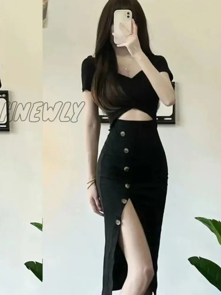 xsrrr Black Dress Women Irregular Slit Hotsweet Summer Hollow Out Elegant Bodycon Party Fashion Streetwear Daily All-match Vacation