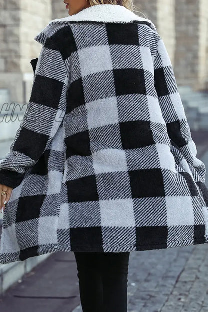 xsrrr - Black Gray Casual Street Plaid Turndown Collar Outerwear