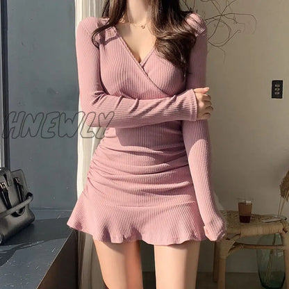 Hnewly Black Knitted Ribbed Midi Dresses For Women V Neck Elegant Korean Clothes Long Sleeve Ruffles Bodycon Dresses Autumn Spring Outfits Trends