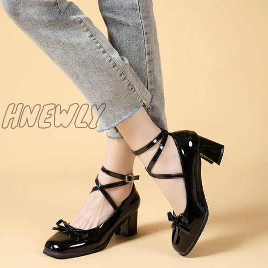 xsrrr Black Retro Cross-Tie Pumps Casual Summer Marry Janes Round Toe Shoes Ladies Lolita Sweet Fashion Shoes Woman Bow Design