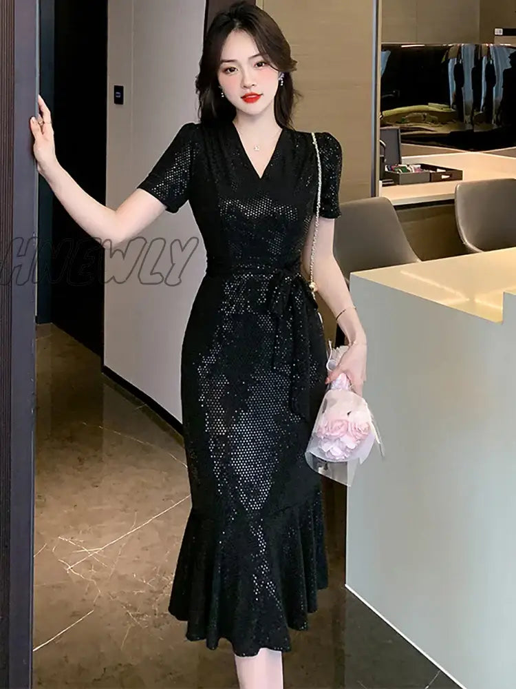 Hnewly Black Sequins Slim Ruffled Mermaid Dress Purple Dress Party Evening Elegant Luxury Celebrity Women Summer Korean Prom Dress