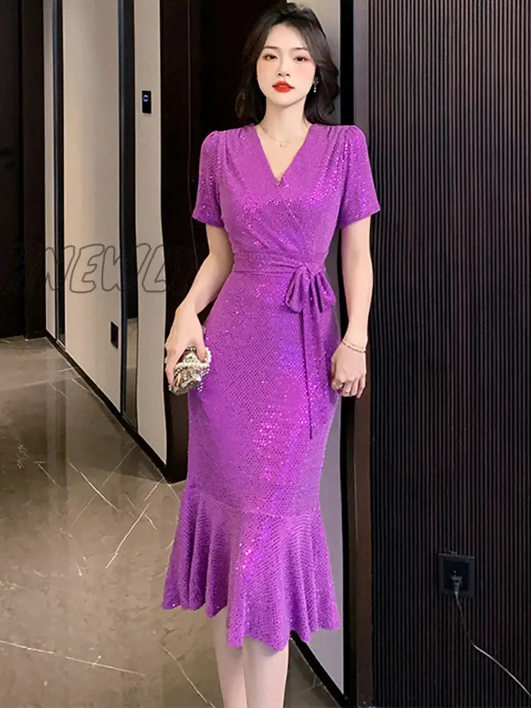 Hnewly Black Sequins Slim Ruffled Mermaid Dress Purple Dress Party Evening Elegant Luxury Celebrity Women Summer Korean Prom Dress