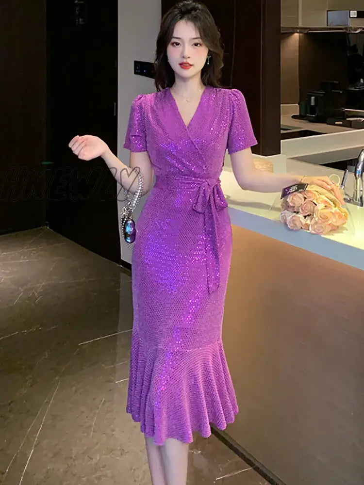 Hnewly Black Sequins Slim Ruffled Mermaid Dress Purple Dress Party Evening Elegant Luxury Celebrity Women Summer Korean Prom Dress