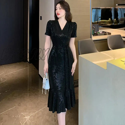 Hnewly Black Sequins Slim Ruffled Mermaid Dress Purple Dress Party Evening Elegant Luxury Celebrity Women Summer Korean Prom Dress