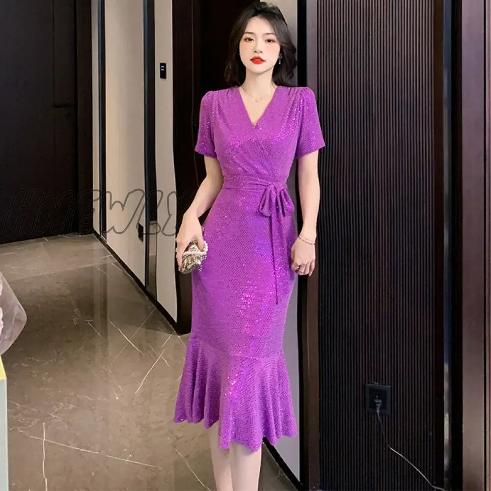 Hnewly Black Sequins Slim Ruffled Mermaid Dress Purple Dress Party Evening Elegant Luxury Celebrity Women Summer Korean Prom Dress