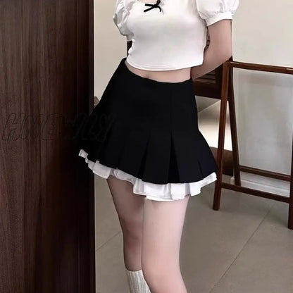 xsrrr Black White Splicing Pleated Skirt Women Kawaii High Waist Mini Skirts Fashion School Girls Harajuku Streetwear Sexy Summer Y2k