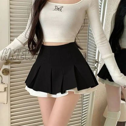 xsrrr Black White Splicing Pleated Skirt Women Kawaii High Waist Mini Skirts Fashion School Girls Harajuku Streetwear Sexy Summer Y2k