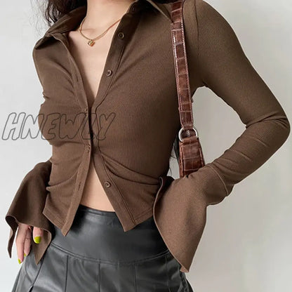 Hnewly Blouses Polo Lapel Single-Breasted Flared Collar Solid Sleeve Shirt Five-Color Women's Slim Long-Sleeve Women's Autumn Clothing