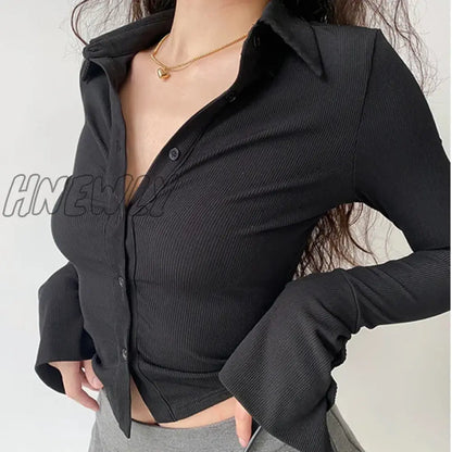 Hnewly Blouses Polo Lapel Single-Breasted Flared Collar Solid Sleeve Shirt Five-Color Women's Slim Long-Sleeve Women's Autumn Clothing