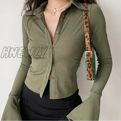 Hnewly Blouses Polo Lapel Single-Breasted Flared Collar Solid Sleeve Shirt Five-Color Women's Slim Long-Sleeve Women's Autumn Clothing