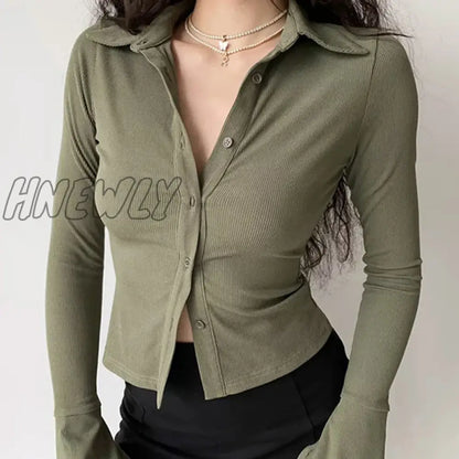 Hnewly Blouses Polo Lapel Single-Breasted Flared Collar Solid Sleeve Shirt Five-Color Women's Slim Long-Sleeve Women's Autumn Clothing