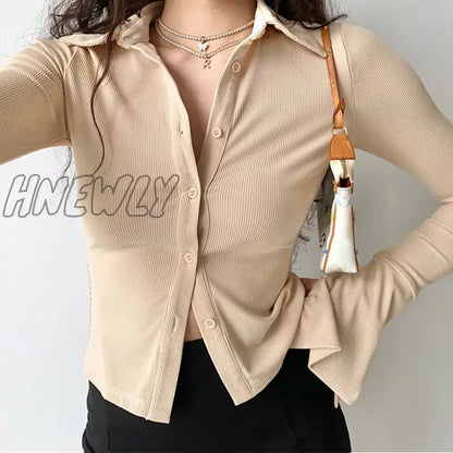 Hnewly Blouses Polo Lapel Single-Breasted Flared Collar Solid Sleeve Shirt Five-Color Women's Slim Long-Sleeve Women's Autumn Clothing