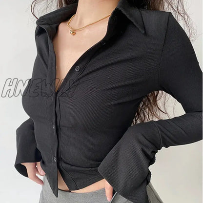 Hnewly Blouses Polo Lapel Single-Breasted Flared Collar Solid Sleeve Shirt Five-Color Women's Slim Long-Sleeve Women's Autumn Clothing