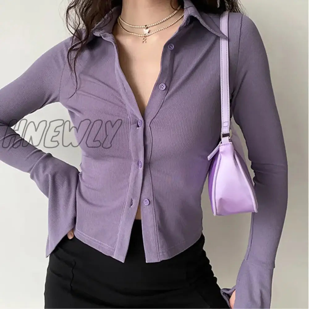 Hnewly Blouses Polo Lapel Single-Breasted Flared Collar Solid Sleeve Shirt Five-Color Women's Slim Long-Sleeve Women's Autumn Clothing