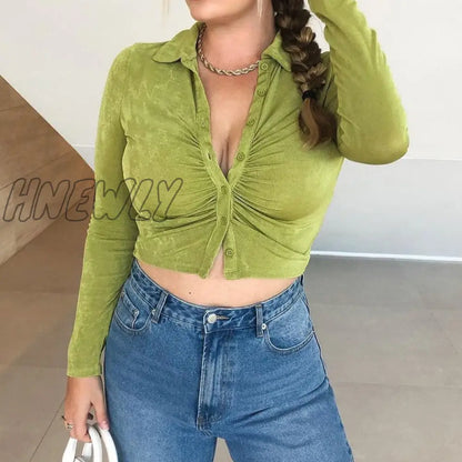 xsrrr Blue Sexy Women Crop Top Y2k V Neck Casual Ruched Long Sleeve Summer Green T Shirt Fashion Female Tee Vintage