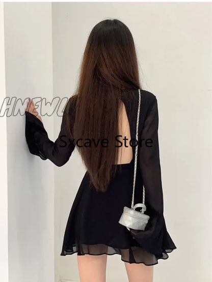 xsrrr Bodycon Black Y2k Mini Dress Women Elegant Slim Sexy Even Party Dress Office Lady Backless Dress Korean Fashion 2024 Autumn Chic