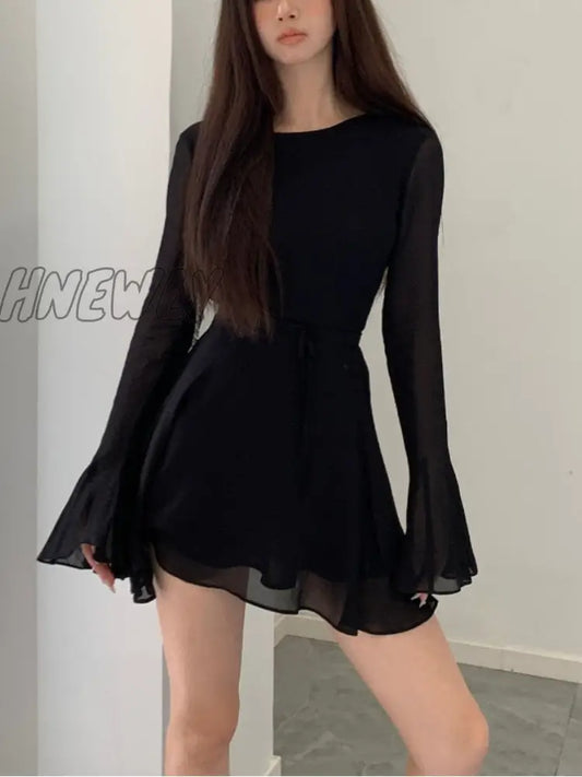 xsrrr Bodycon Black Y2k Mini Dress Women Elegant Slim Sexy Even Party Dress Office Lady Backless Dress Korean Fashion 2024 Autumn Chic