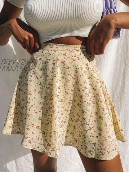 xsrrr Boho Floral Print Party Skirt Summer New High Waist Pleated Skirt Short Beach Sexy Frills Mini Skirts For Women