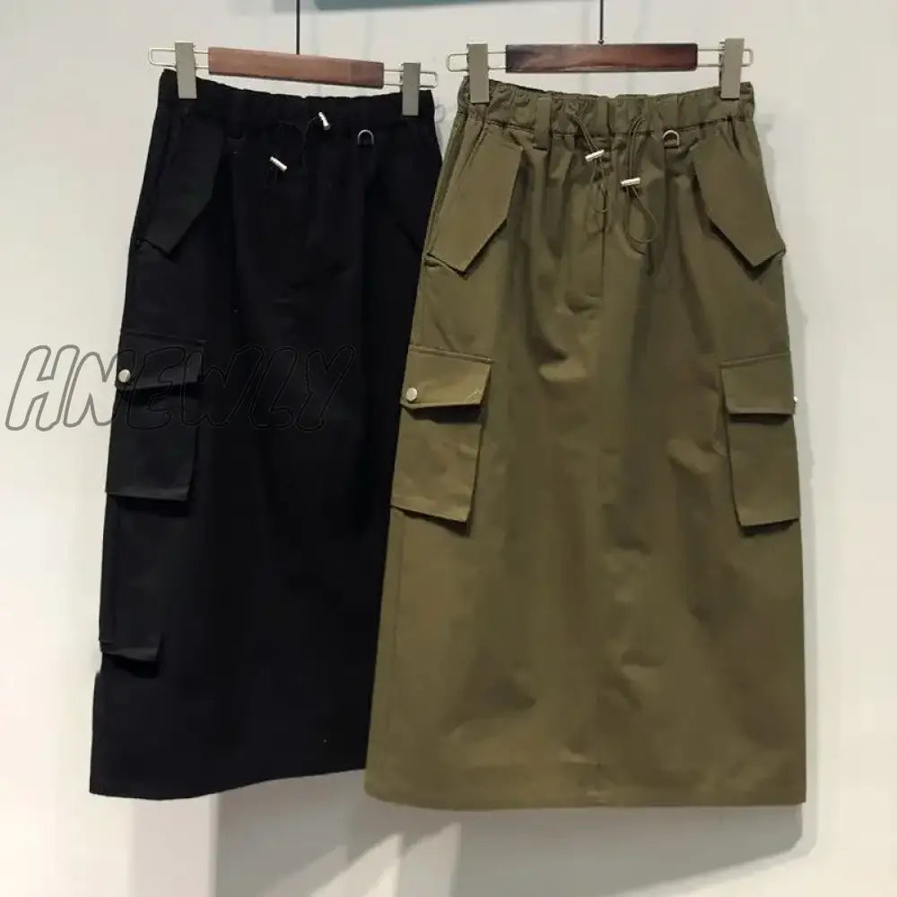 Hnewly Cargo Skirts for Women 100% Cotton Y2k Skirts Elastic Waist Spring Summer Drawstring Girls Full Length Skirt Black