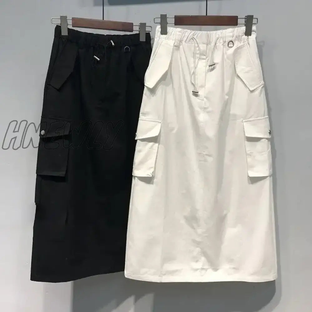 Hnewly Cargo Skirts for Women 100% Cotton Y2k Skirts Elastic Waist Spring Summer Drawstring Girls Full Length Skirt Black